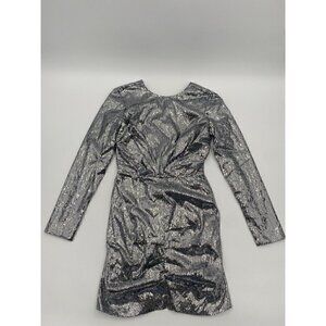 MSGM Milano Ruched Women Silver Grey Sequins Long Sleeve Midi Dress Size 42